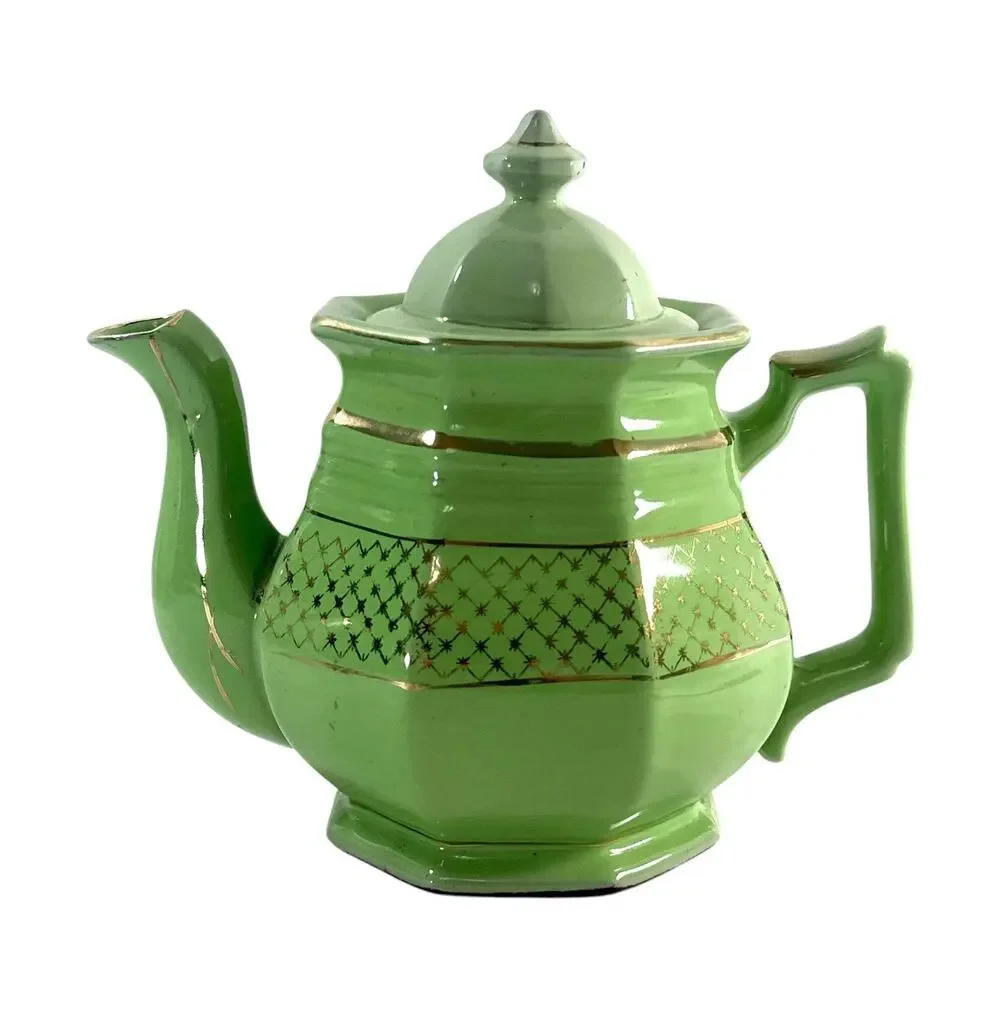 Vintage Art Deco Green Porcelain Teapot Gold Gilt Geometric Octagonal 7.5”